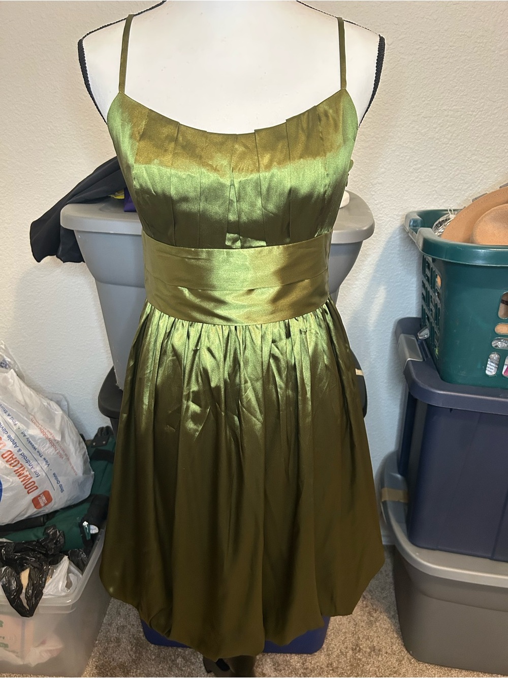 London Times Olive Satin Spaghetti-Strap Party Dress
